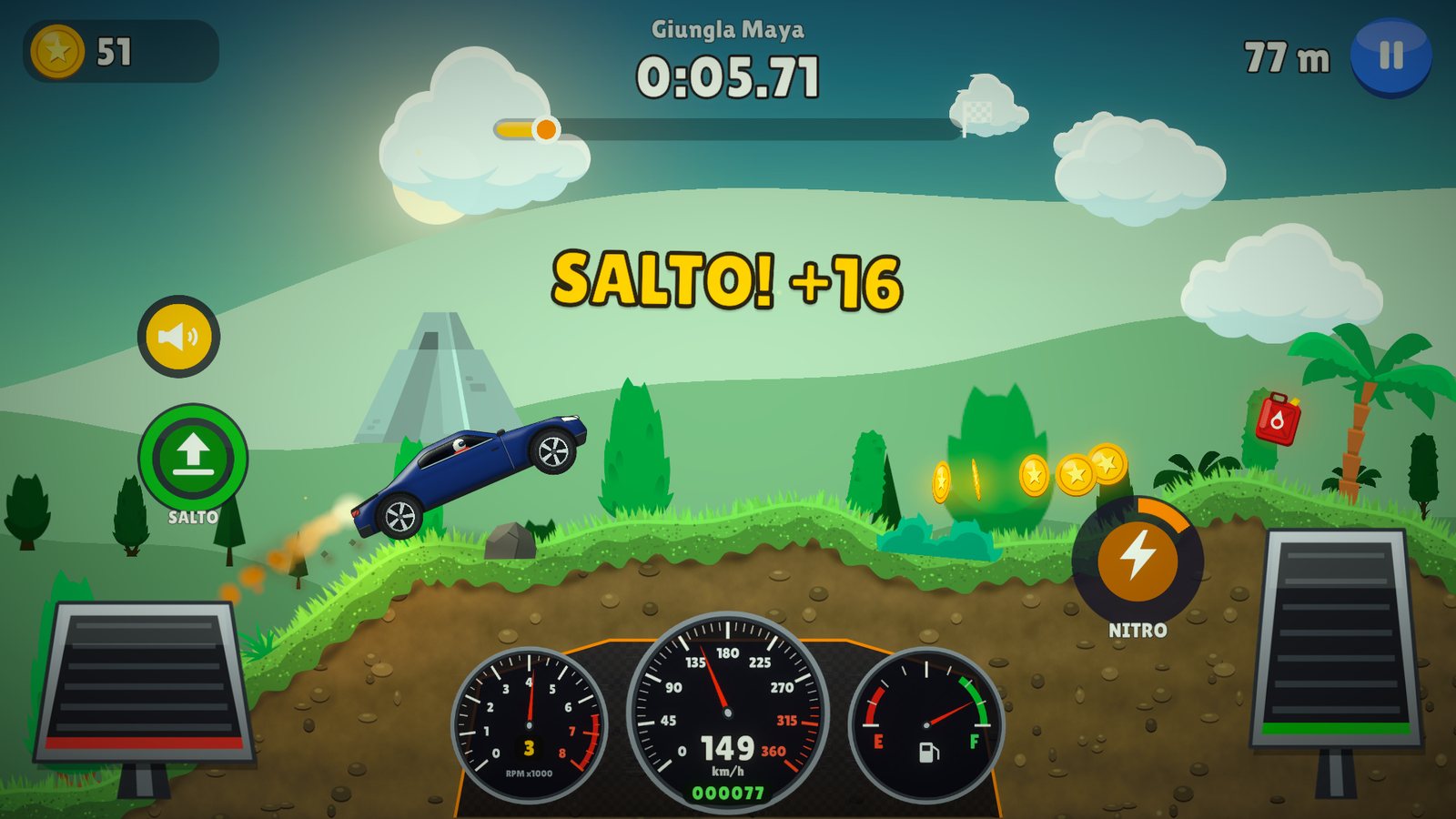 Throttle Hills: un'auto salta tra le colline della giungla, con il cruscotto con giri, velocità e carburante